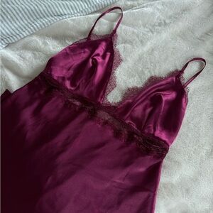Vintage Victorias Secret Burgundy Lace Trim Slip Dress
